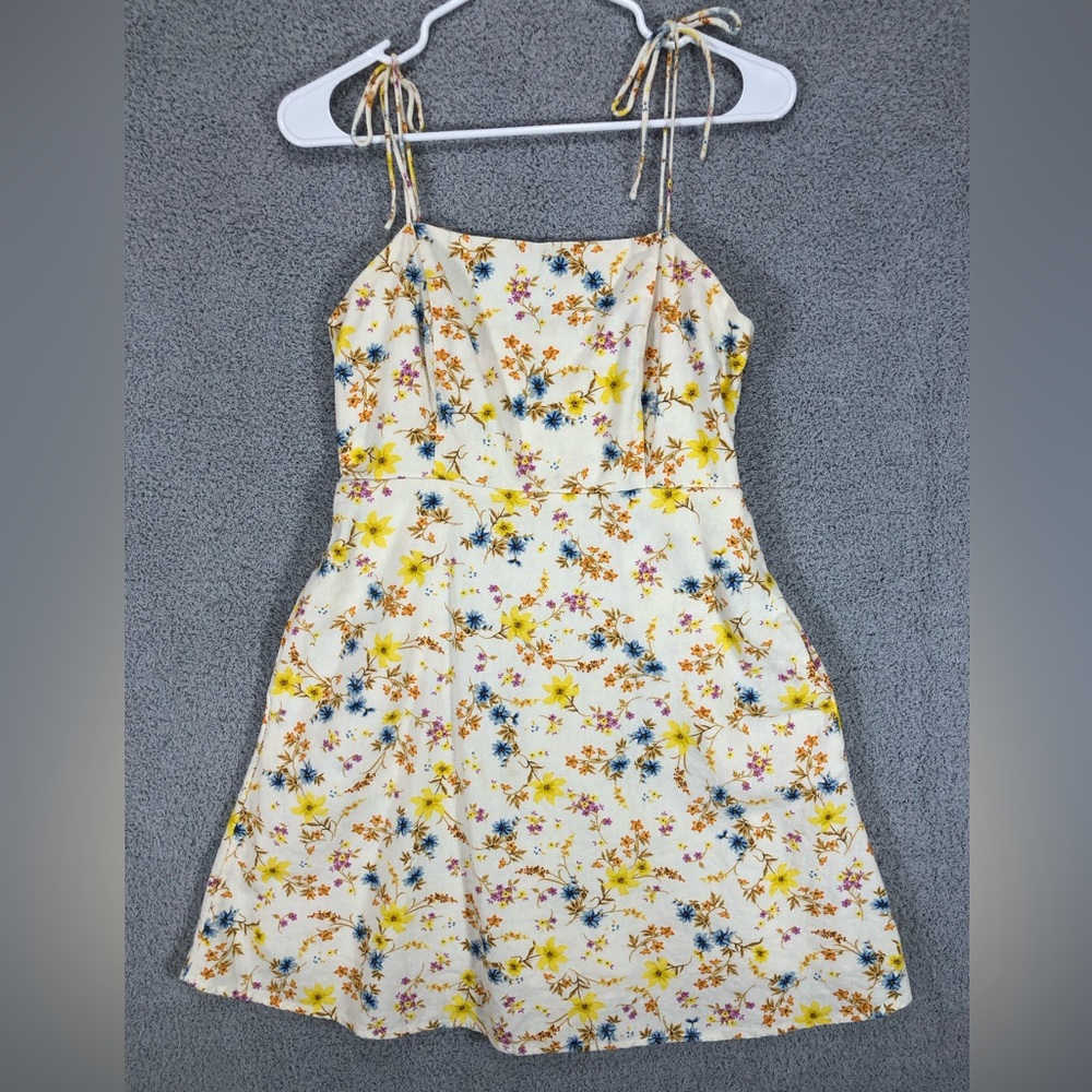 Linen Blend Tie Straps Floral Mini Dress Size M Cottagecore Summer Old Navy